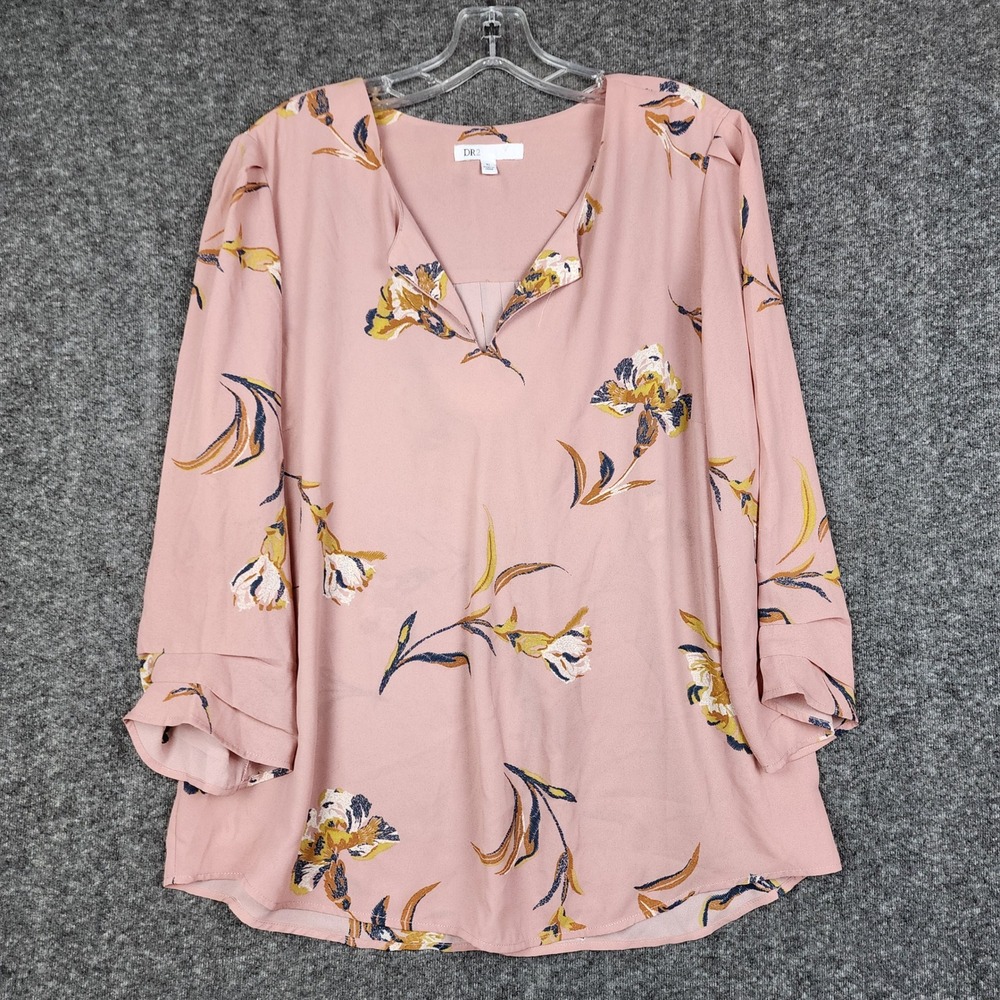 DR2 Floral Blouse Womens XL Pink Split Neck Pleated Back Tiered‎ Bell Sleeve Top